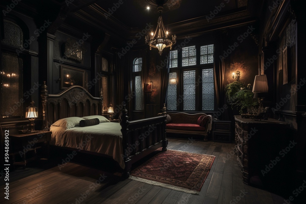 A dark and moody Bedroom accented with richly detailed Gothic furniture and soft lighting to evoke a sense of medieval romanticism, generative ai