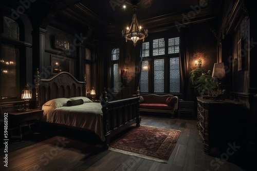 A dark and moody Bedroom accented with richly detailed Gothic furniture and soft lighting to evoke a sense of medieval romanticism, generative ai
