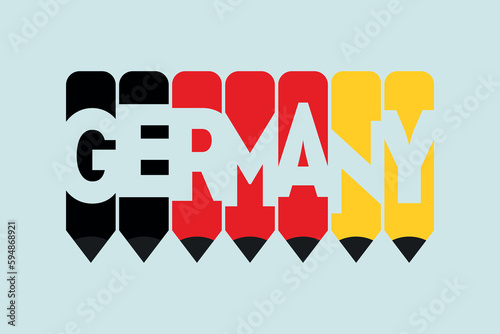 Germany text with Pencil symbol creative ideas design. Germany flag color concept vector illustration. Germany typography negative space word vector illustration. Germany country name vector design.