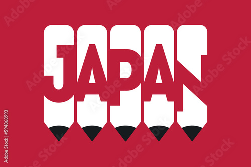 Japan text with Pencil symbol creative ideas design. Japan flag color concept vector illustration. Japan typography negative space word vector illustration. Japan country name vector design.