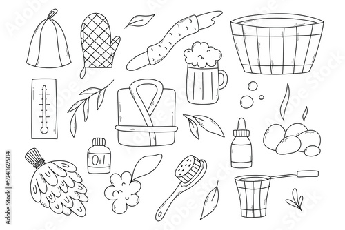 Set of bath elements in doodle style. Vector illustration. Bath collection.