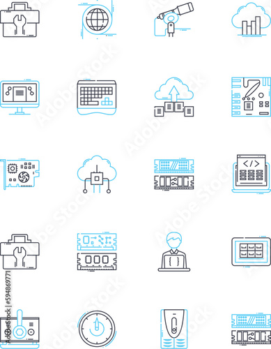 Technical equipment linear icons set. Gadgets, Instruments, Devices, Tools, Equipment, Instruments, Appliances line vector and concept signs. Computers,Servers,Hardware outline Generative AI