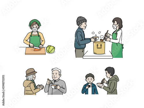 ボランティア活動の炊き出し　炊き出しを食べる人達のイラスト