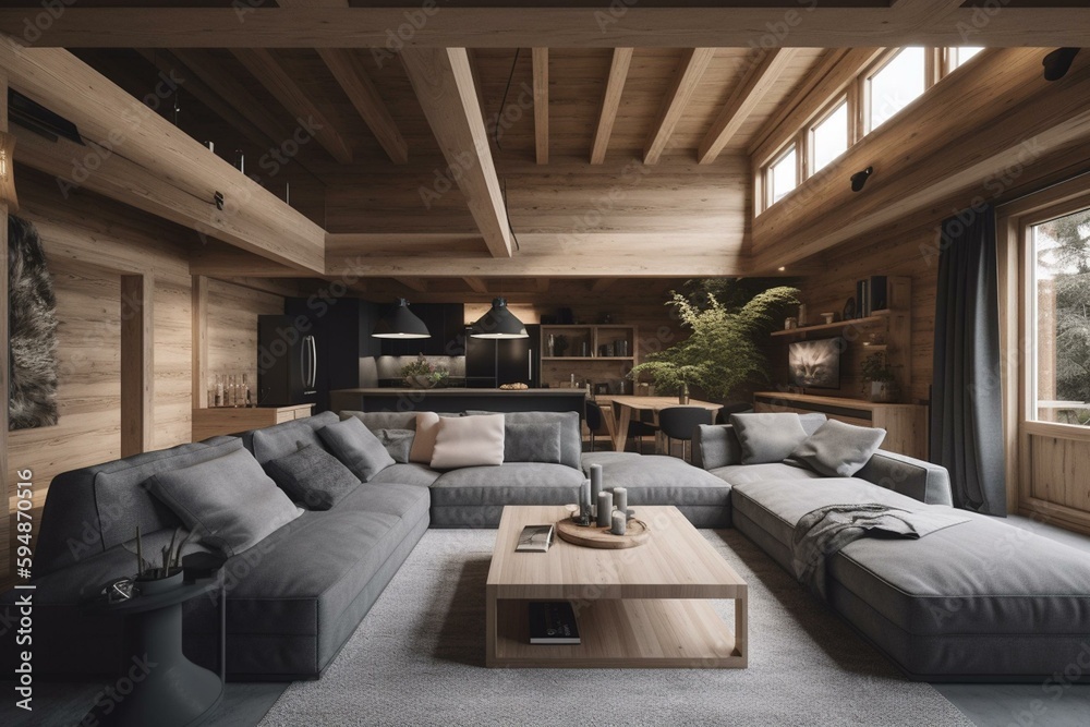 chalet interior of ious room with grey sofas furnished with wooden interiors , made with generative ai