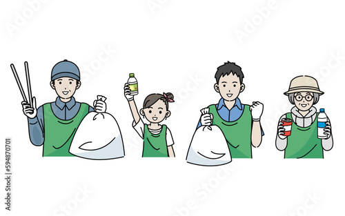 ボランティア活動　ゴミ拾いをする人達のイラスト