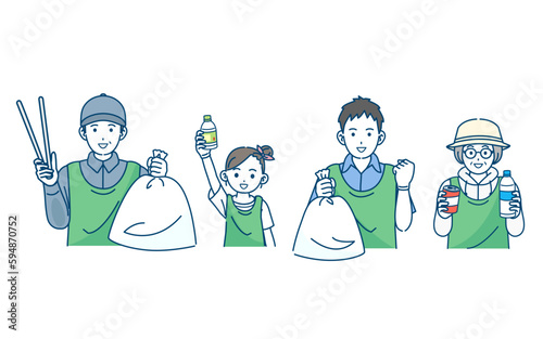 ボランティア活動　ゴミ拾いをする人達のイラスト
