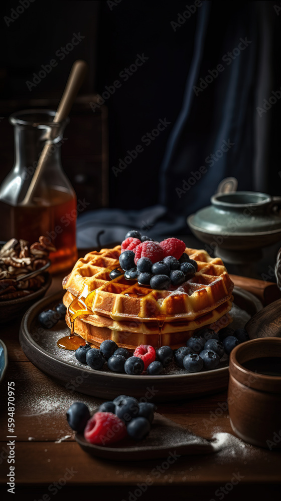 Waffles with blueberries, raspberries and honey - Generative AI Waffles with blueberries, raspberries and honey - Generative AI
