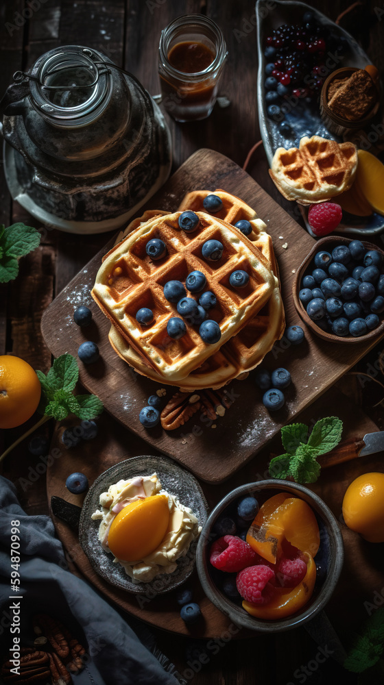 Waffles with blueberries and raspberries - Generative AI Waffles with blueberries and raspberries - Generative AI