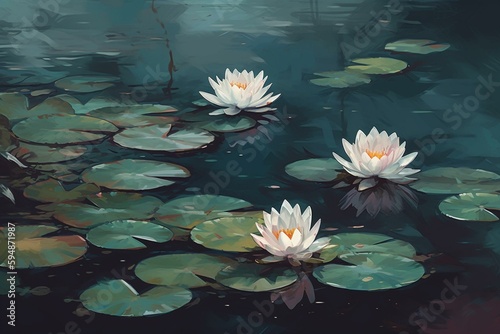 Water lilies in Japanese style. Digital painting. Generative AI