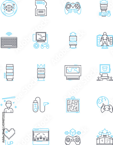 Console games linear icons set. PlayStation, Xbox, Nintendo, Controller, Multiplayer, Adventure, Action line vector and concept signs. Shooting,Strategy,Racing outline illustrations Generative AI