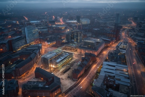 Print op canvas Deansgate Square and construction and redevelopment work at dawn with city lights and dark skies of this English city centre aerial view