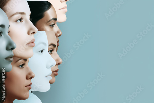 An abstract collage of young women's faces in profile with a large area of copy space on blue toned background.
