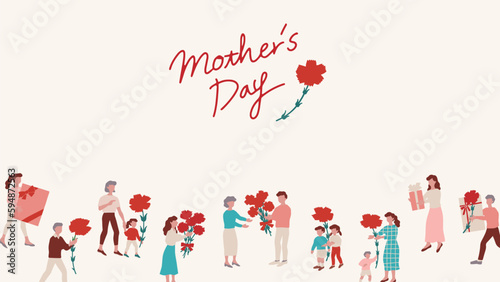 母の日にカーネーションの花束をプレゼントする女性のヘッダーイラスト素材 Header flat illustration of a woman giving a bouquet of carnations on Mother's Day.