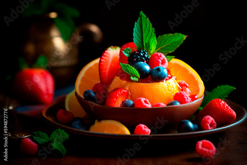 Fruit salad of oranges and berries in a bowl - Generative AI