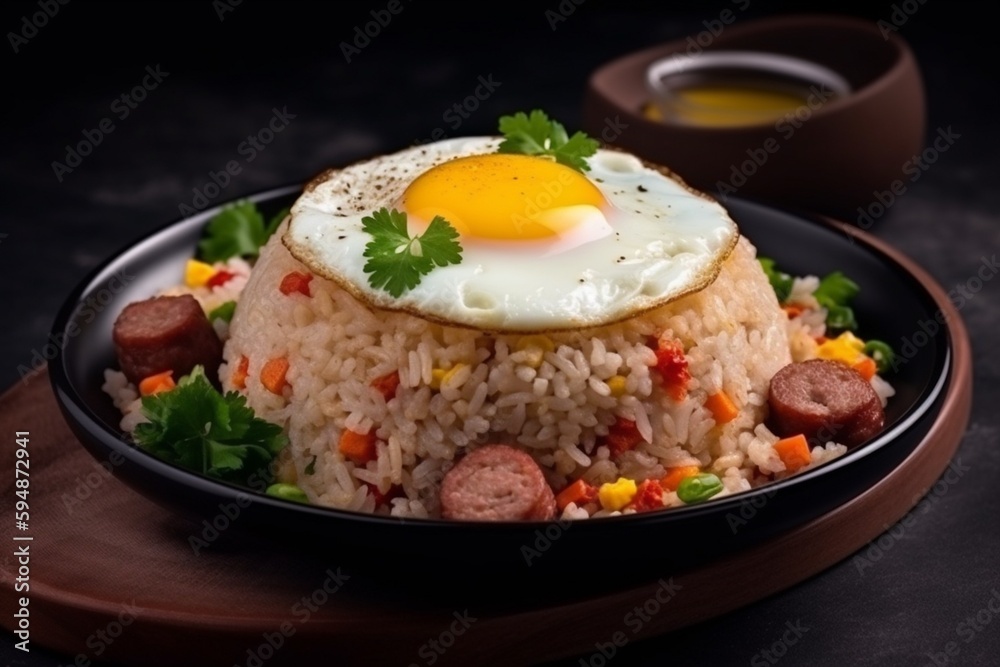Fried Rice with Fried Egg Delicious Food Photography Illustration Created with Generative AI Fried Rice with Fried Egg Delicious Food Photography Illustration Created with Generative AI