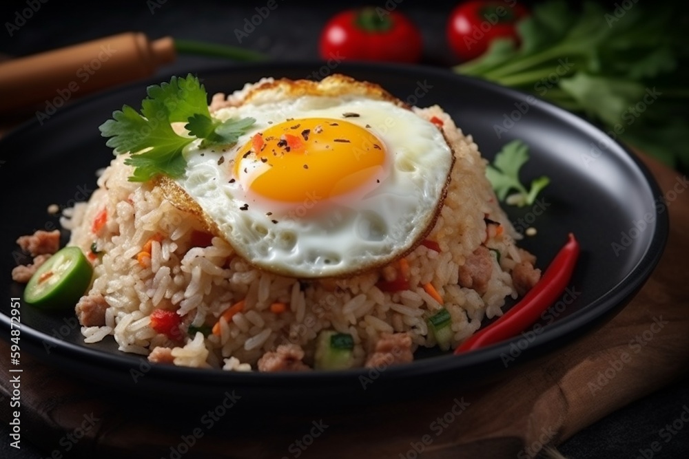 Fried Rice with Fried Egg Delicious Food Photography Illustration Created with Generative AI Fried Rice with Fried Egg Delicious Food Photography Illustration Created with Generative AI