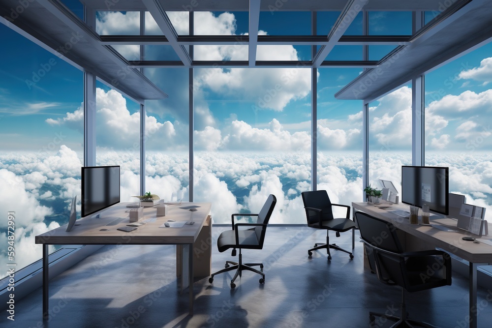Office and clouds outside the windows. Generative AI.
