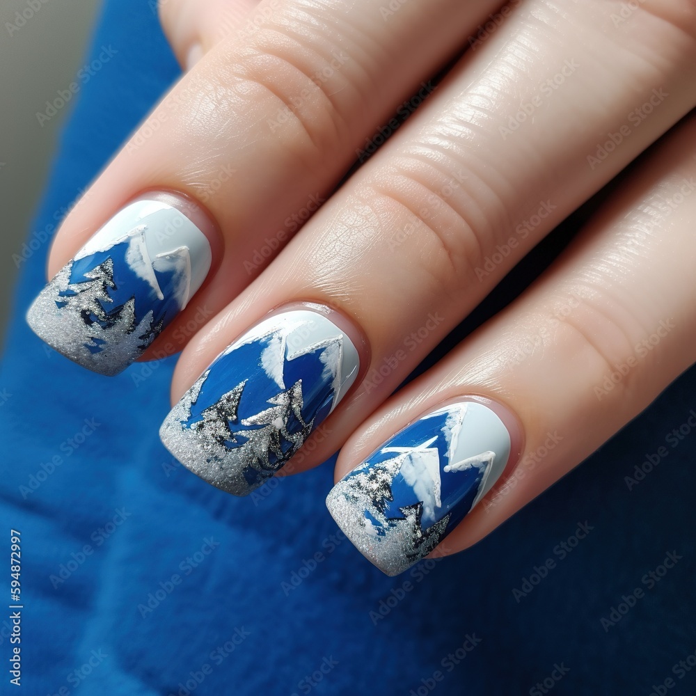 Nail design, snow mountain on each nail. Generative AI. Nail design, snow mountain on each nail. Generative AI.