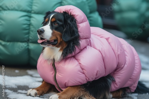 Bernese Mountaindog wearing inflated puffer suit. Generative AI. photo