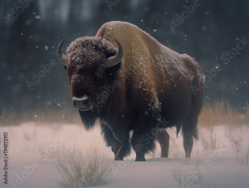Wild bison covered in snow during blizzard. Generative AI.