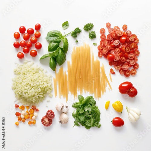 Chopped tomato, spaghetti and other ingredients in knolling style. Generative AI. photo