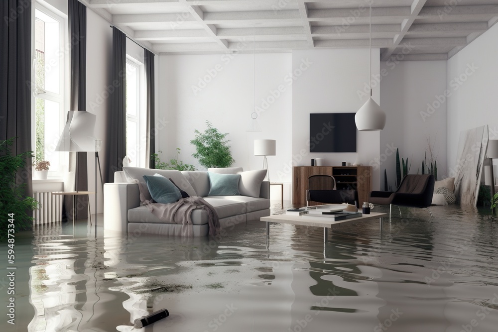 Flooded flat interior. Generative AI. Flooded flat interior. Generative AI.