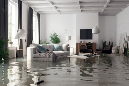 Flooded flat interior. Generative AI.