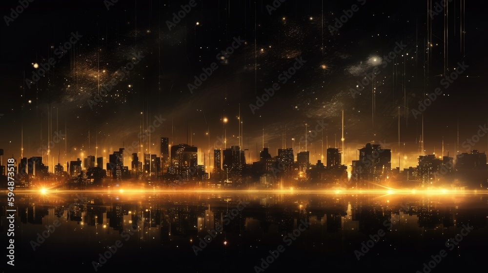 Cityscape with golden sparkler background. Generative AI.