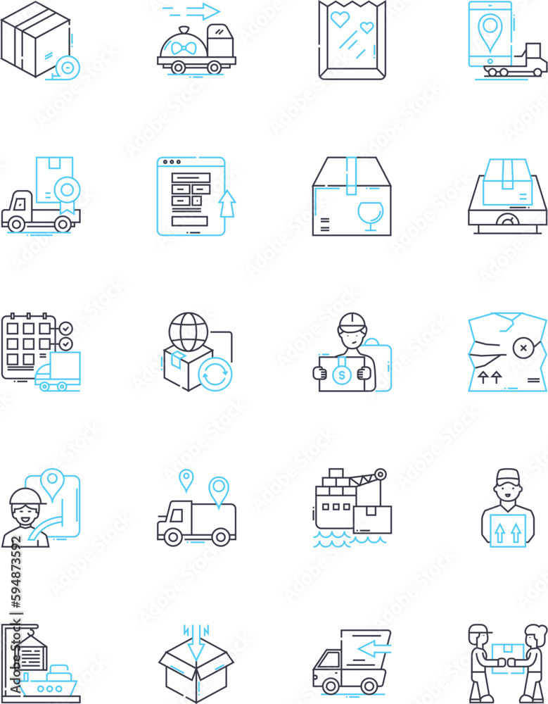 Supplies storehouse linear icons set. Warehouse, Inventory, Stockpile, Distribution, Logistics, Bulk, Packaging line vector and concept signs. Material,Statiry,Conveyance outline Generative AI