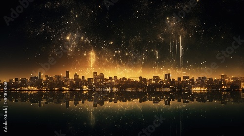Cityscape with golden sparkler background. Generative AI.