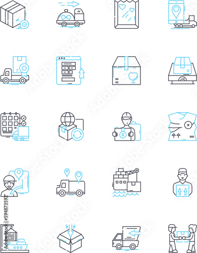 Supplies storehouse linear icons set. Warehouse, Inventory, Stockpile, Distribution, Logistics, Bulk, Packaging line vector and concept signs. Material,Statiry,Conveyance outline Generative AI photo