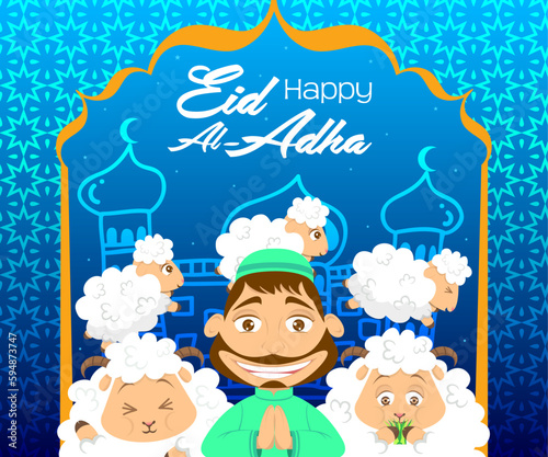 a poster for eid al adha with sheeps and a man greetings