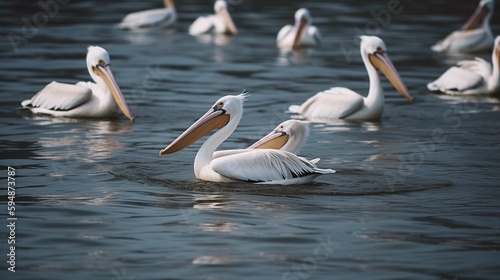A group of Pelicans flying over water. Generative AI. © Bargais
