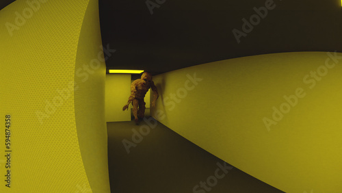 3d illustration of an entity from a nightmare or a bad dream, or from the backrooms, that is chasing the viewer.