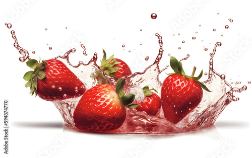 Fresh Strawberries with water splash isolated on white background. Fresh Strawberries dropped into water with a splash. Generative AI.