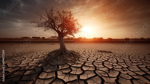 Cracked Earth and wilted tree depict severe drought caused by climate change. Generative AI © TensorSpark