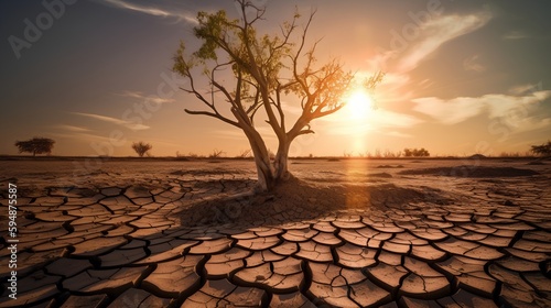 Cracked Earth and wilted tree depict severe drought caused by climate change. Generative AI