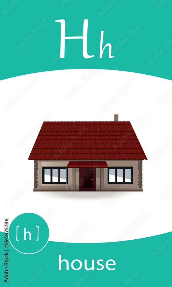 English alphabet flash card. Letter H study house. Kids ABC cards