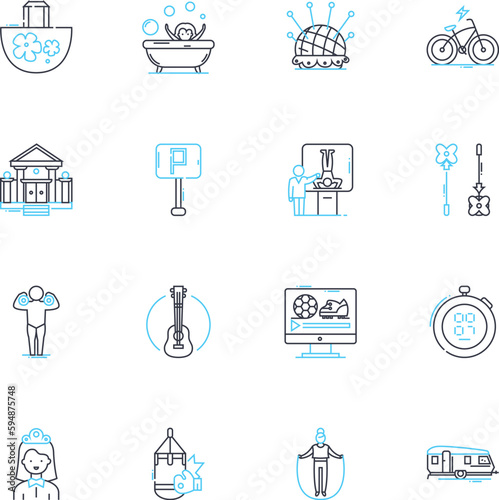 Rustic exploration linear icons set. Adventure, Wilderness, Nature, Discovery, Wanderlust, Frontier, Pier line vector and concept signs. Homestead,Trailblazing,Outdoors outline illustrations
