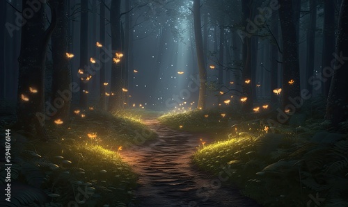 Glowing fireflies create a fairy tale forest path Creating using generative AI tools