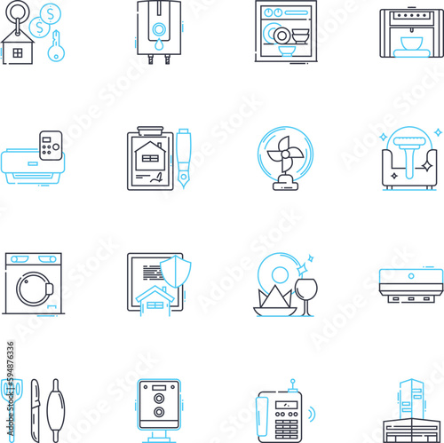 Accommodations market linear icons set. Hospitality, Lodging, Hotels, Resorts, Motels, Inns, Hostels line vector and concept signs. Vacation rentals,Bed and breakfasts,Cabins outline illustrations