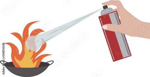 鍋の炎に消火スプレーを噴射するイラスト