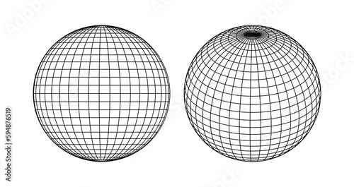 Globe grid spheres. Striped 3D spheres, geometry globe grid, earth latitude and longitude line grid vector symbol set. Spherical grid globe shapes. Illustration globe striped, global geography surface photo