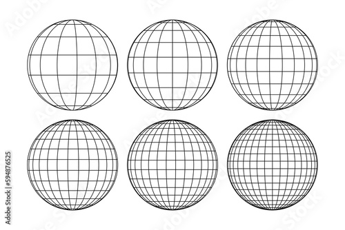 Globe grid spheres. Striped 3D spheres, geometry globe grid, earth latitude and longitude line grid vector symbol set. Spherical grid globe shapes. Illustration globe striped, global geography surface