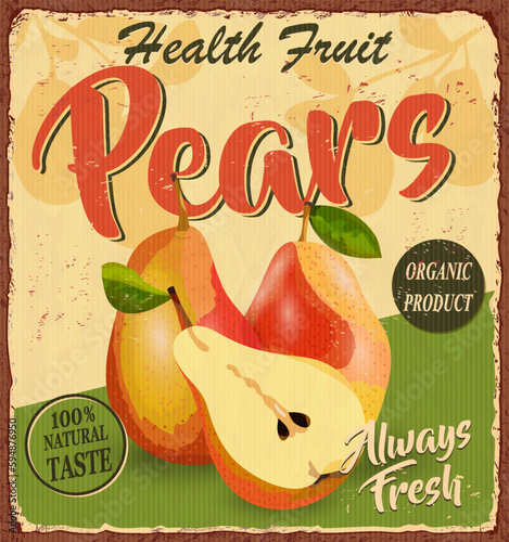 Vintage Health fruit Pears poster 1950s style.Vector illustration.