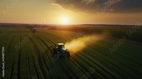 Aerial View Of Tractor Spraying Pesticides On Green. Generative Ai