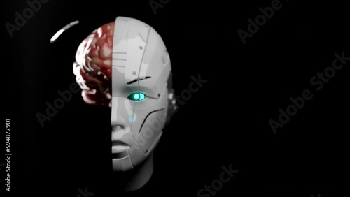 Conceptual, robot with brain. Human vs artificial intelligence visualized.