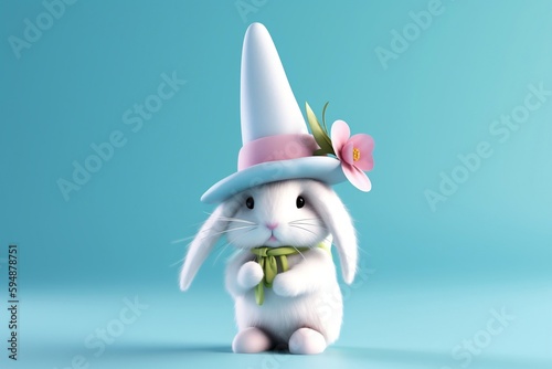 cute fluffy bunny rabbit wearing a wizard hat and ribbon tie on a pastel blue background