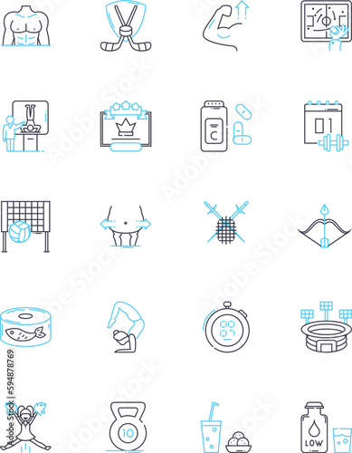 Nutritional intake linear icons set. Proteins, Carbohydrates, Fiber, Vitamins, Minerals, Nutrients, Enzymes line vector and concept signs. Amino acids,Sugars,Fats outline illustrations