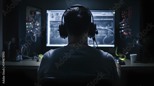 IT professional providing tech support, seen from the back, working in a server room, managing network security and hardware troubleshooting for a data center. Generative AI